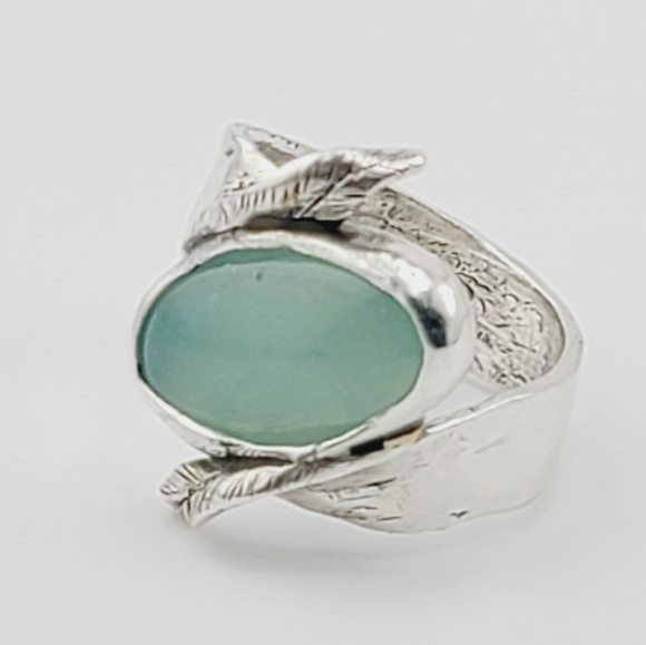 PREHNITE W/ ENGRAVED LEAFS RING HANDMADE IN STERLING SILVER METAL SIZE 6 - Picture 4 of 6